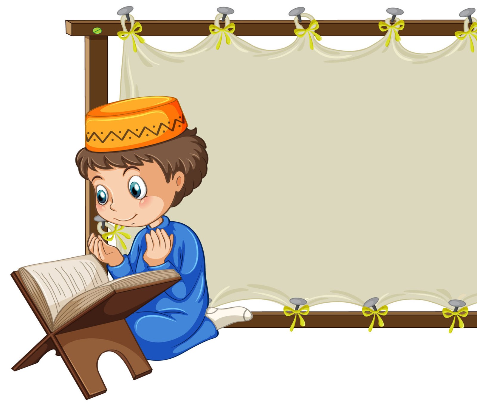 Blank wooden frame with muslim boy praying cartoon character